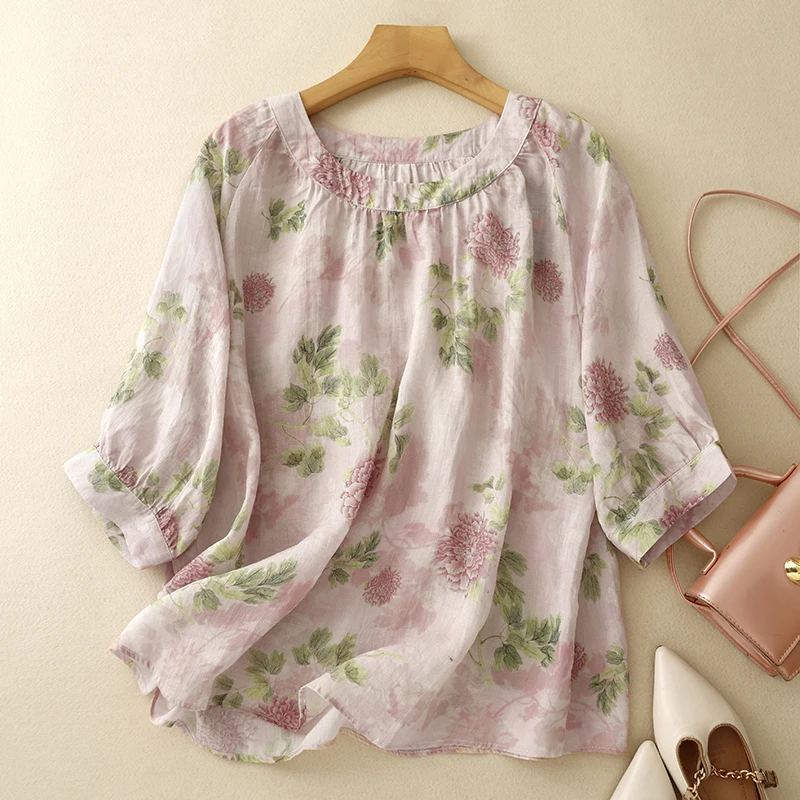 Cotton Linen Chinese Style Women Blouses Trend 2024 Summer Loose Tops Vintage Korean Clothing Sales Printed Women's Shirts