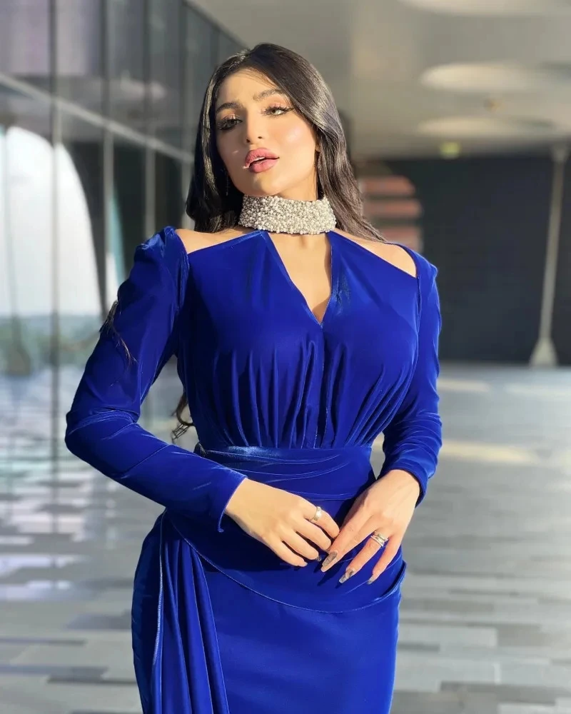 Vestido de noite elegante sereia azul veludo feminino, vestidos de baile, decote em v, miçangas, cabeçada, mangas compridas, comprimento do tornozelo, plissado, novo, 2024