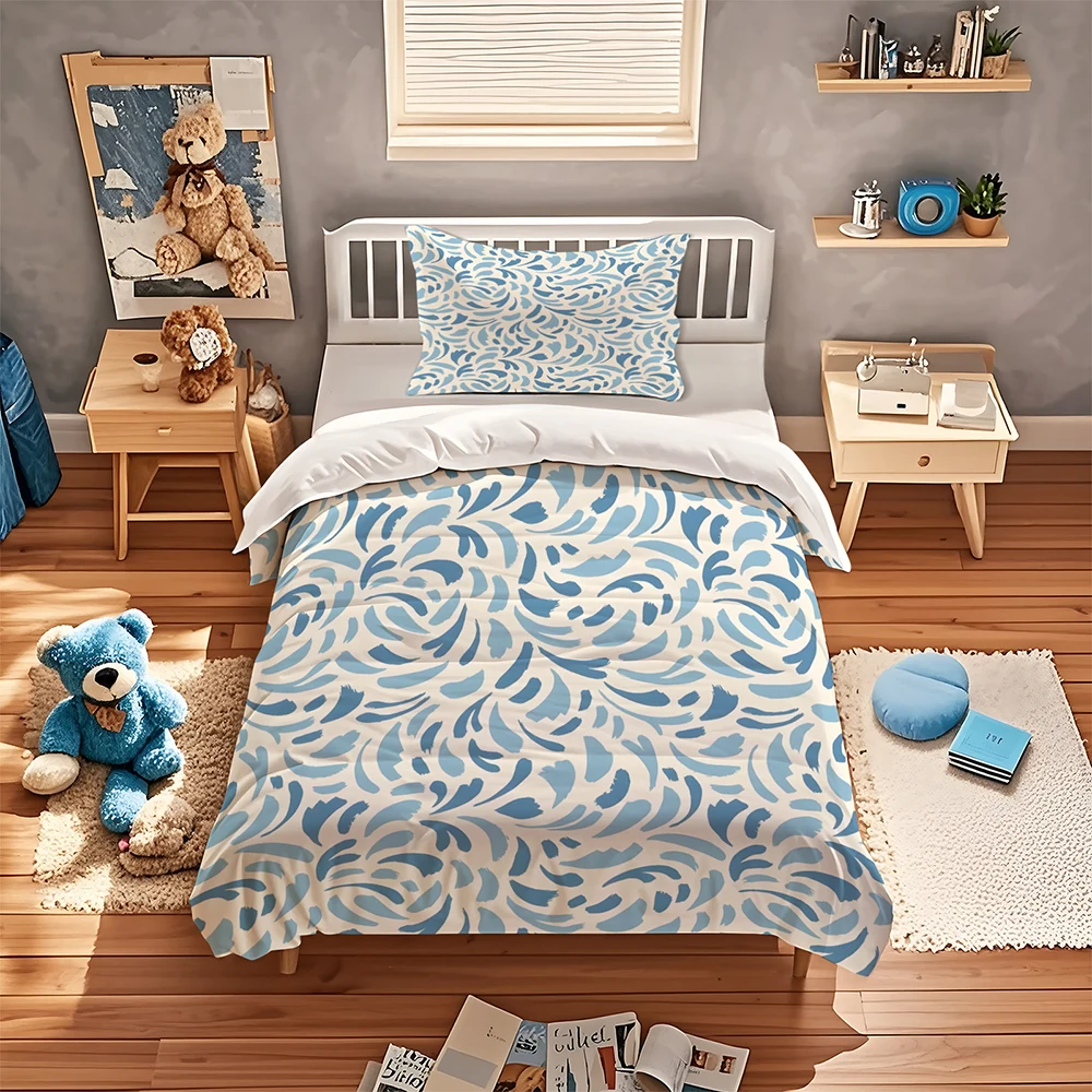 Blue Watercolor Leaf Duvet Cover Set Abstract Brush Stroke Soft Microfiber Aesthetic Bedding with Pillow Shams Twin/Full/Queen