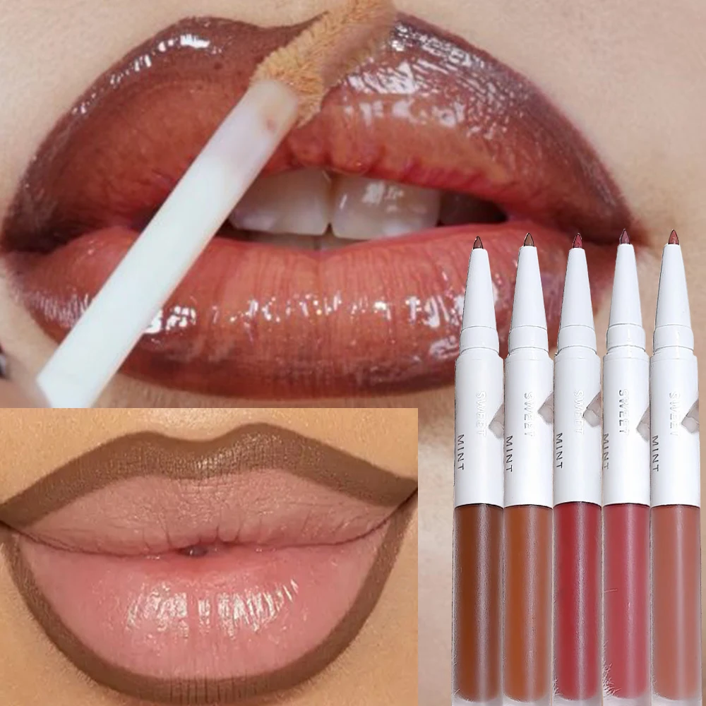 2-in-1 Perfect Lip Makeup Jelly Water Lip Gloss Matte Lip Liner Waterproof Lasting Glass Liquid Lipstick Water Lips Mud Cosmetic