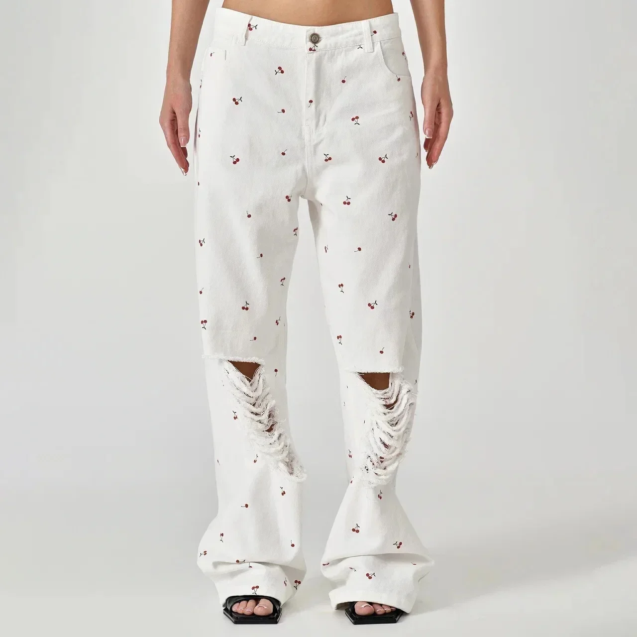 

New Arrival 2024 womens White Cherry Print Jeans with Ripped Holes Unique Wide Leg Denim Pants