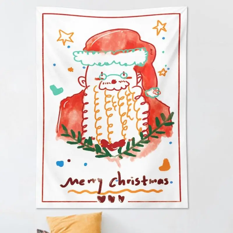 VIKAMA Happy Christmas Graffiti Tapestry, Cute Hand drawn Cartoon Wall Hanging, Aesthetic Kids Room Party Decoration