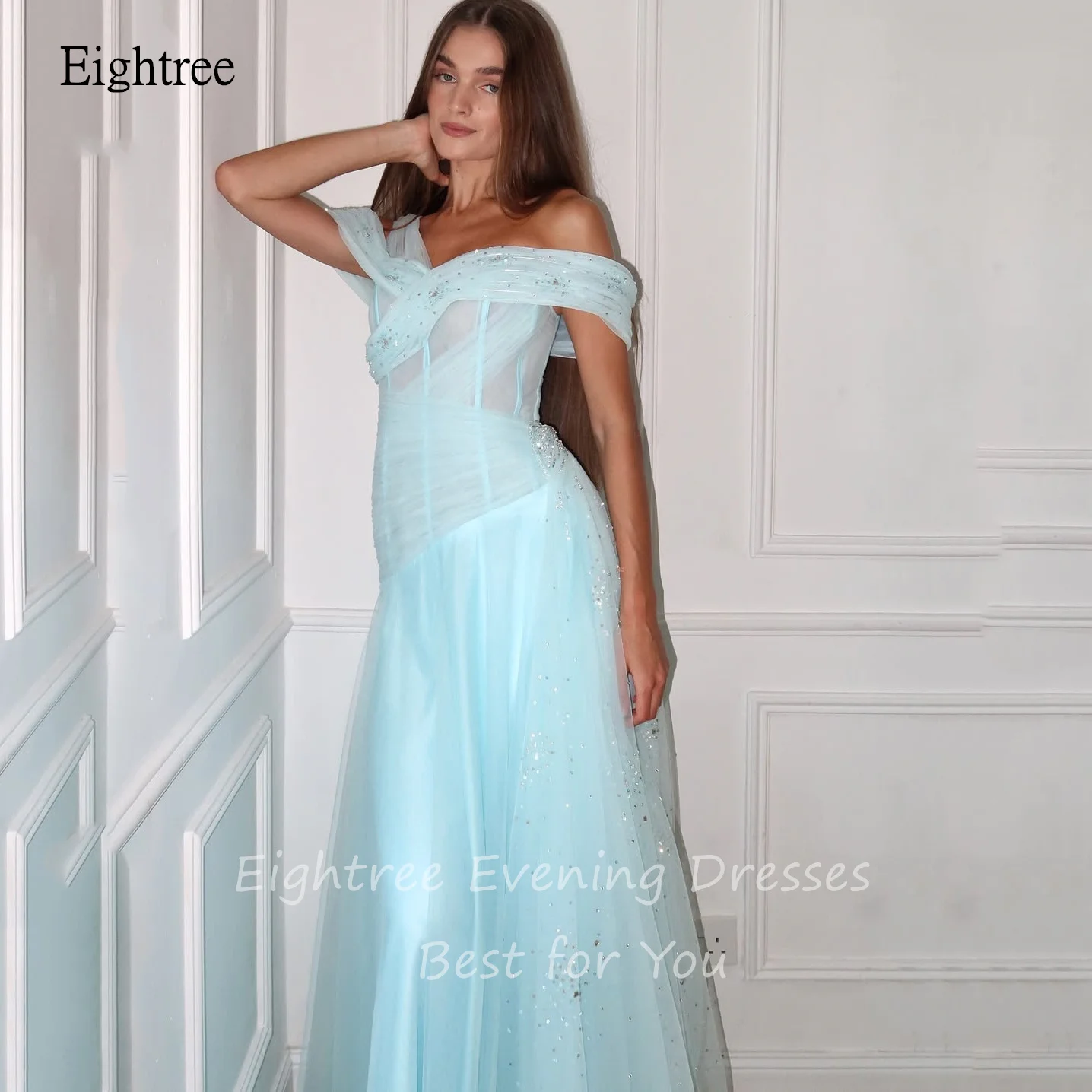 Eightree おとぎ話アクアブルー A ラインウエディングドレスオフショルダービーズパーティードレスフロアレングスガールドレスガウンカスタマイズ