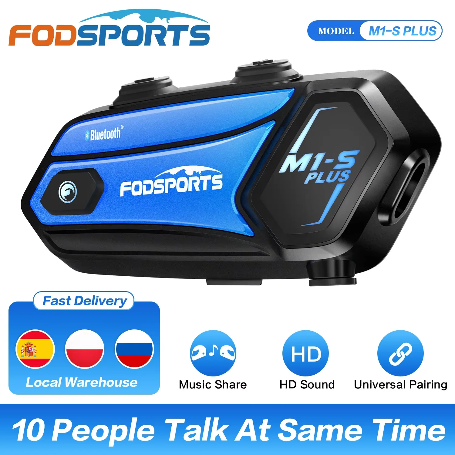 Fodsports M1-S Plus Intercomunicador para Casco de Moto,Auricular Bluetooth para Casco,10 Riders 2000M BT Interphone,Radio FM, Music Sharing,3