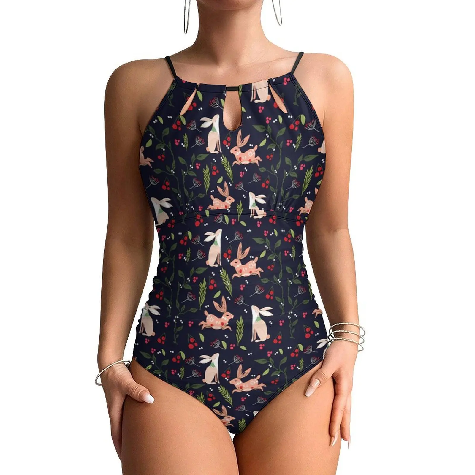 Rabbit Swimsuit Folk Art Bunnies Swimwear One Piece Holiday Surf Bodysuit Halter Bathing Suit Women Push Up Sexy Beach Wear