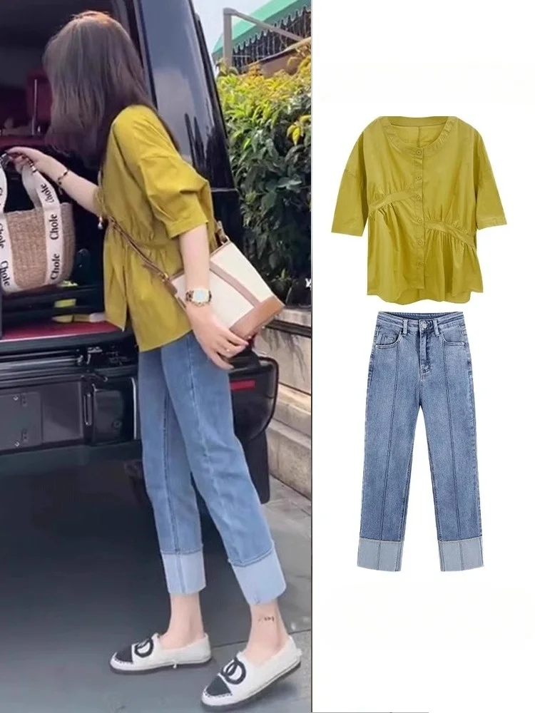 

Summer Fashion Tea System Salt Series Two-Piece Set Women's Clothing Gentle Advanced Sense Short Sleeve round Neck Ensemble