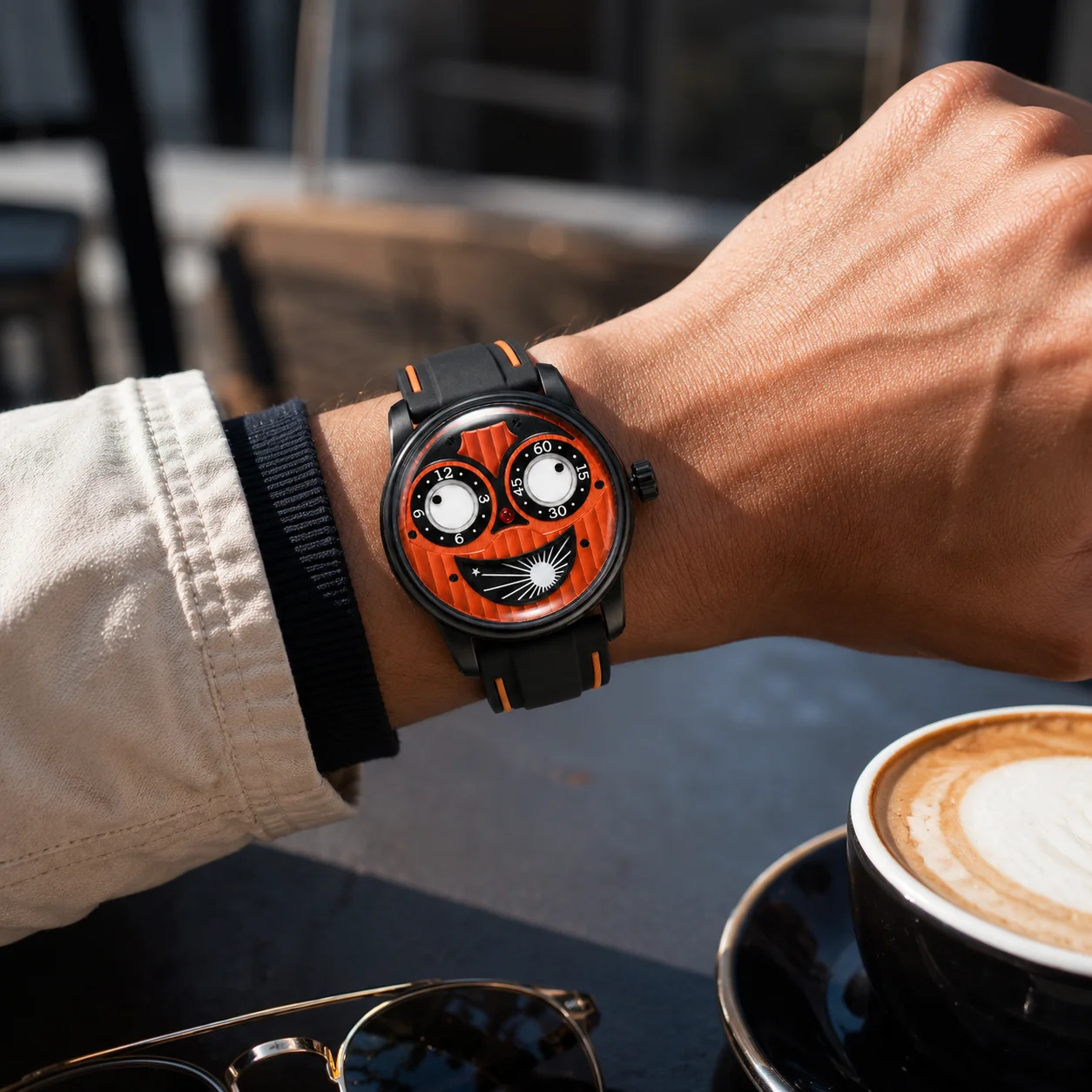 OBLVLO Fashion Joker Face Watch with Black Leather Strap Orange Dial Unique Dual Time Display Star Designer Accessory JM-JK