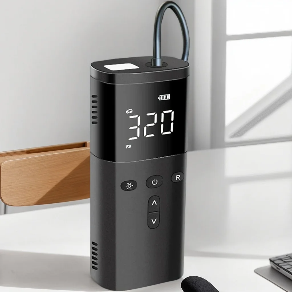 

Wireless Car Tire Inflator - Rechargeable Mini Air Compressor with LED Light & Power Bank for Cars/Bikes