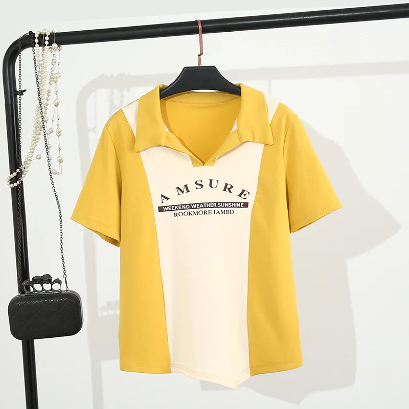 女性用半袖VネックTシャツ,イエロー,プリント付き,春夏シーズン,ラージサイズ,2XL,3XL,4xl,5xl,2023