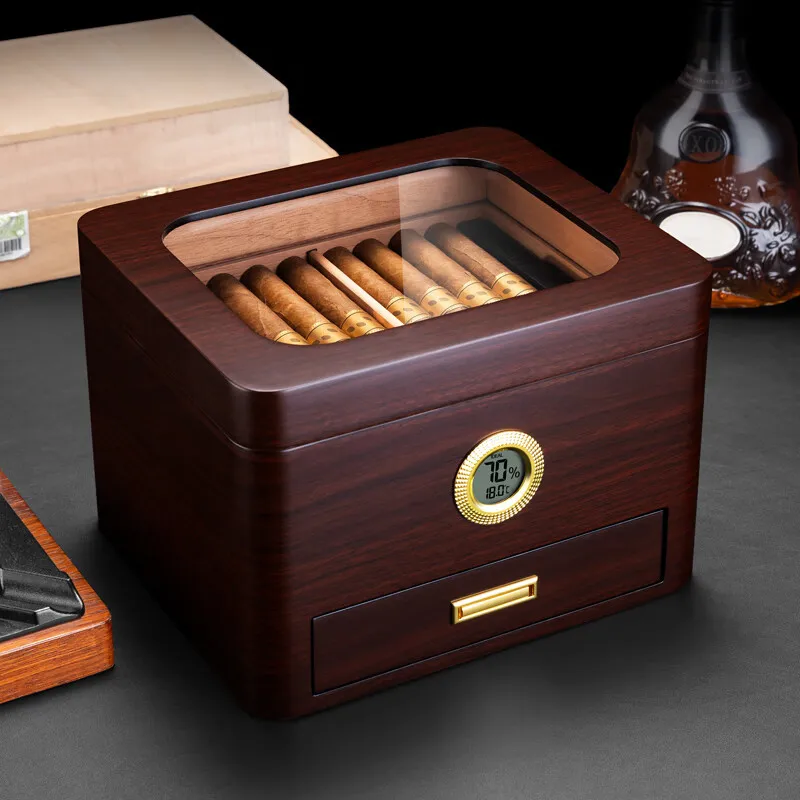 Luxury Cigar Humidor Perspective Skylight Cedar Wood with Moisturizing Humidifier Hygrometer Cigar Storage Box