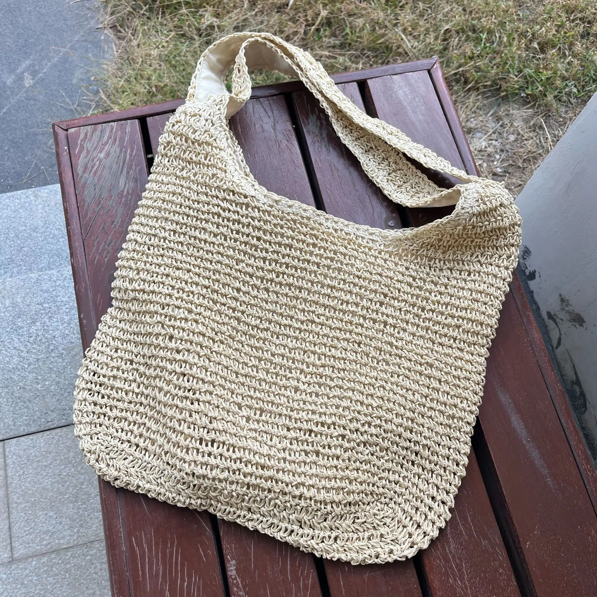 Bolsa de tecido palha feminina, bolsa de praia casual simples e elegante, corda de papel, ombro único, monocromática