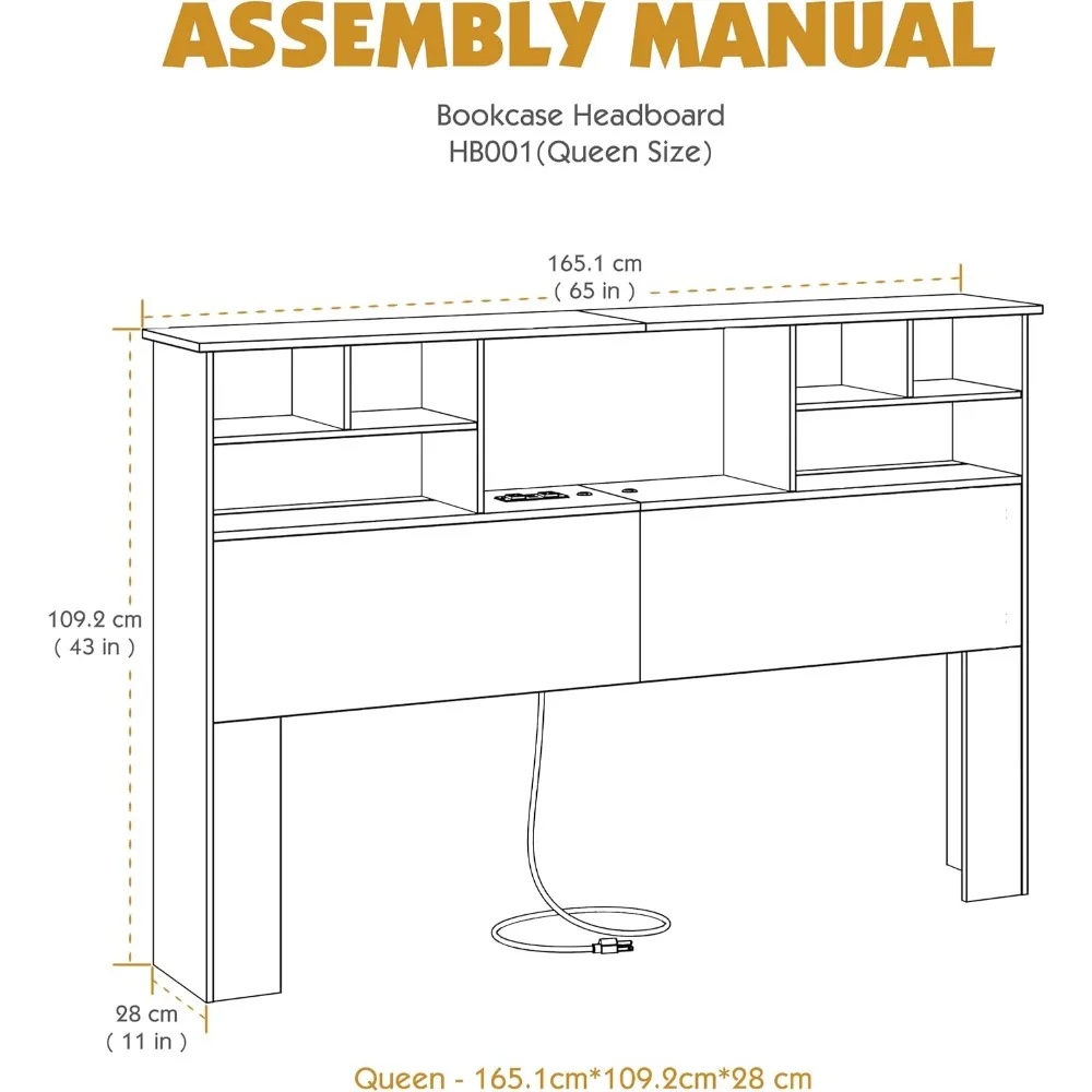 Queen-/Vollkopfteil nur für Schlafzimmer, stilvolles Bücherregal-Kopfteil mit Ladestation und 2 LED-Leuchten