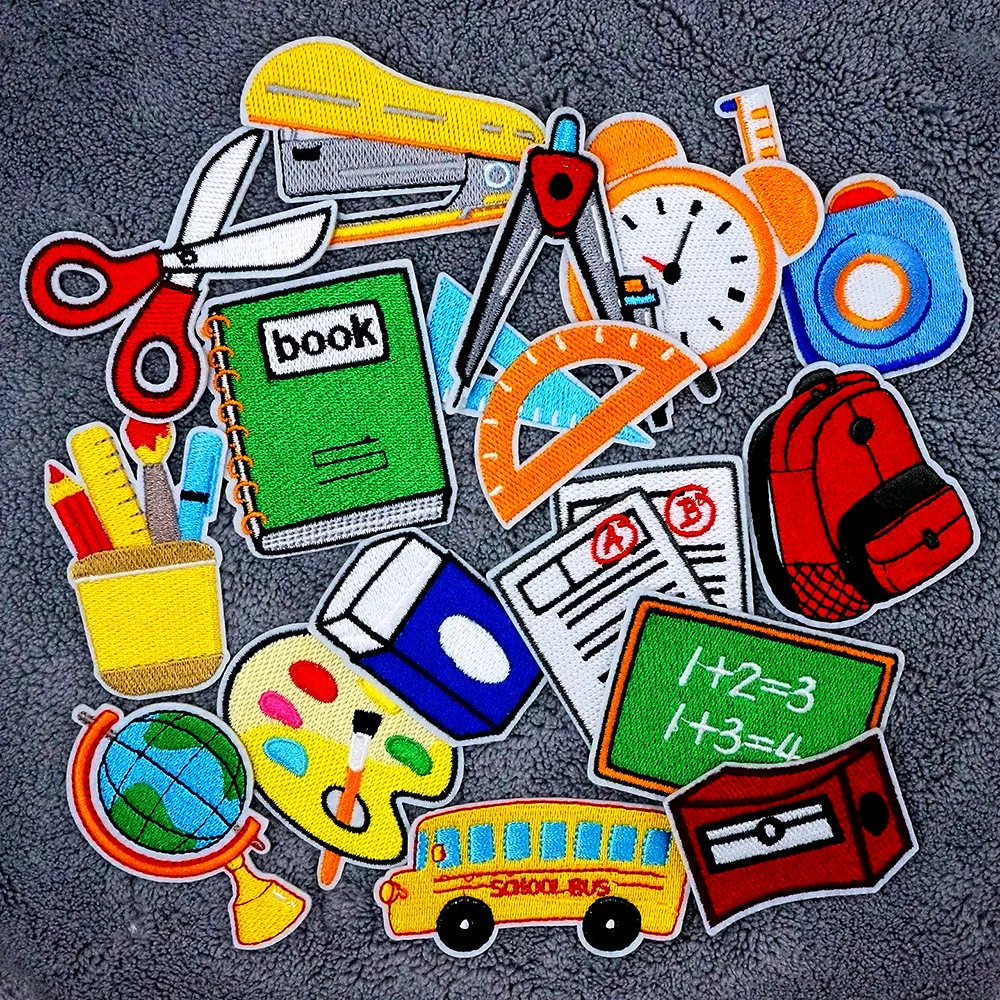 Book School Bus Globe Patches Cloth Embroidered Applique Sewing Clothes Apparel Decoration Patch Iron on Stickers