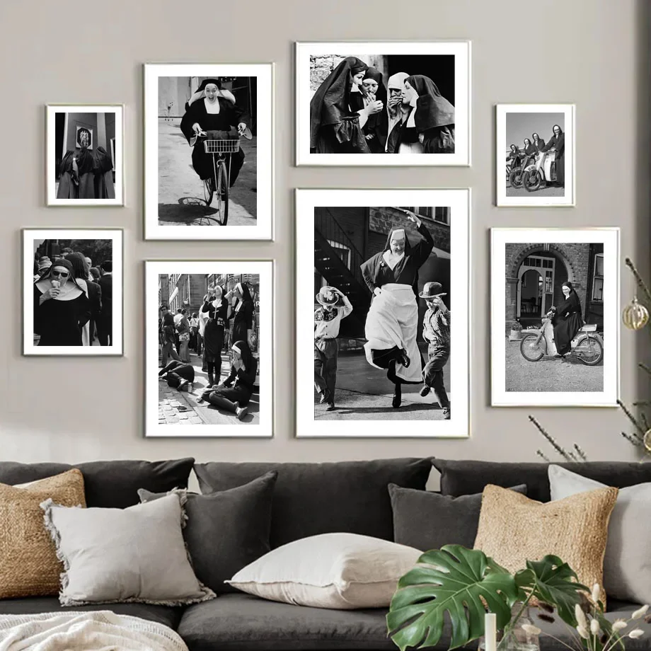 

Vintage Nun Smoke Dances Baseball Bicycle Wall Art Canvas Painting Nordic Posters And Prints Wall Pictures For Living Room Decor