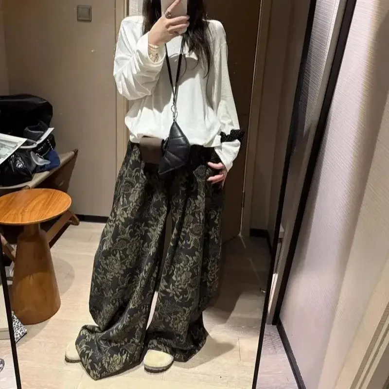 New Fashion Printed Long Trousers Women Vintage Bohemian Wide Leg Pants Streetwear Y2k Casual Loose Baggy Pants High Street