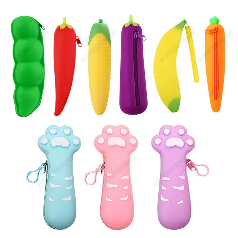 grande capacidade soft silicone zipper lapis case berinjela ervilha milho legumes frutas criancas escola caneta papelaria bolsa de armazenamento 01