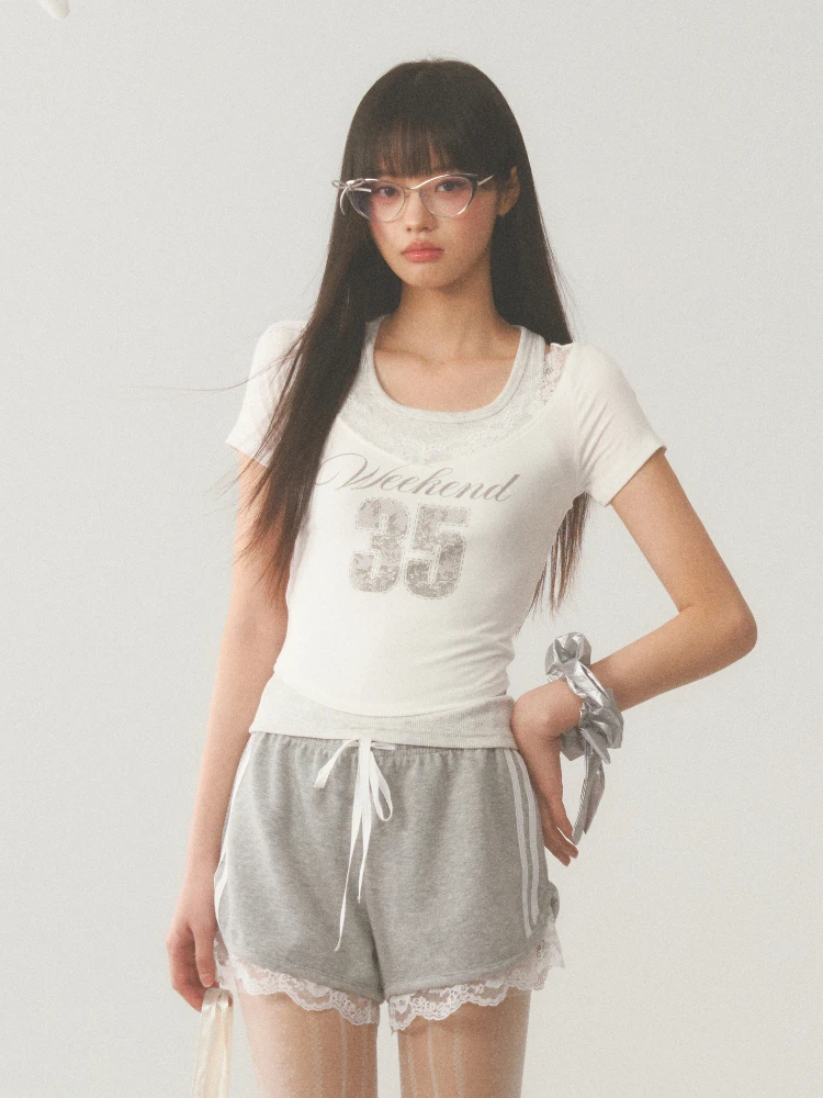 

Летняя женская футболка Wedhub Lace ort Sve T-irt, новая, белая, с буквенным принтом, приталенная, из смесового хлопка и полиэстера, с круглым вырезом