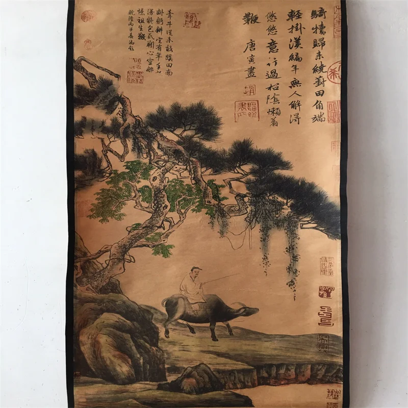 China old Celebrity paintings-Tang Yin's Ink Painting Ink Character Painting of Riding a Bull Picture Scroll Hanging paintings