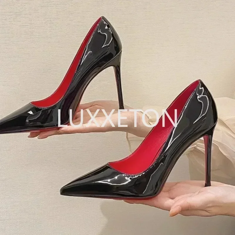 Women's High Heels 2024 Spring and Autumn Season New Thin Heel High Heel Single Shoes Black Lacquer Leather Pointed Single Shoes