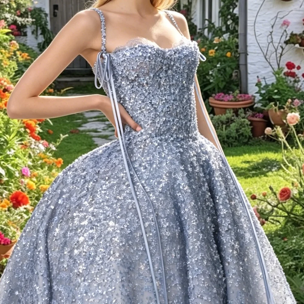 Vestidos de Noche Formales de Lujo Azul Celeste con Cuentas Brillantes, Sin Mangas, Corte A, para Fiesta de Cumpleaños, Baile de Graduación, Personalizados