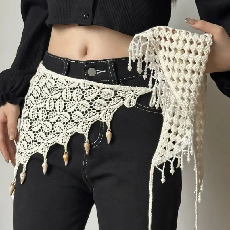 

Богемный треугольный шарф с бахромой, пояс-накидка на талию и бедра, ажурная кружевная шаль, декоративная накладка на талию в стиле Y2K, декоративная накладка на джинсы, украшение для талии юбки