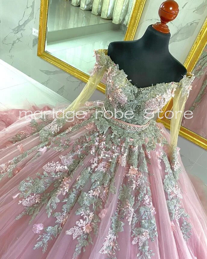 Gaun putri merah muda tua Quinceanera dengan lengan panjang 3D Floral Applique Puffy Tutu Lace-up Prom vestido de 15 a20os