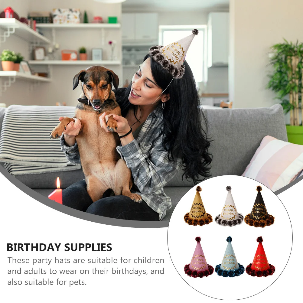 

6Pcs Hats Pompon Design Birthday Party Supplies Adorable Photo Prop Adults Pets Birthday Hat