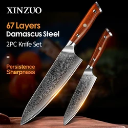 XINZUO 2PCS Chef Kitchen Knife Set VG10 Damascus Steel Chef Utility Knives Rosewood Handle Best Quality Kitchen Cooking Tools