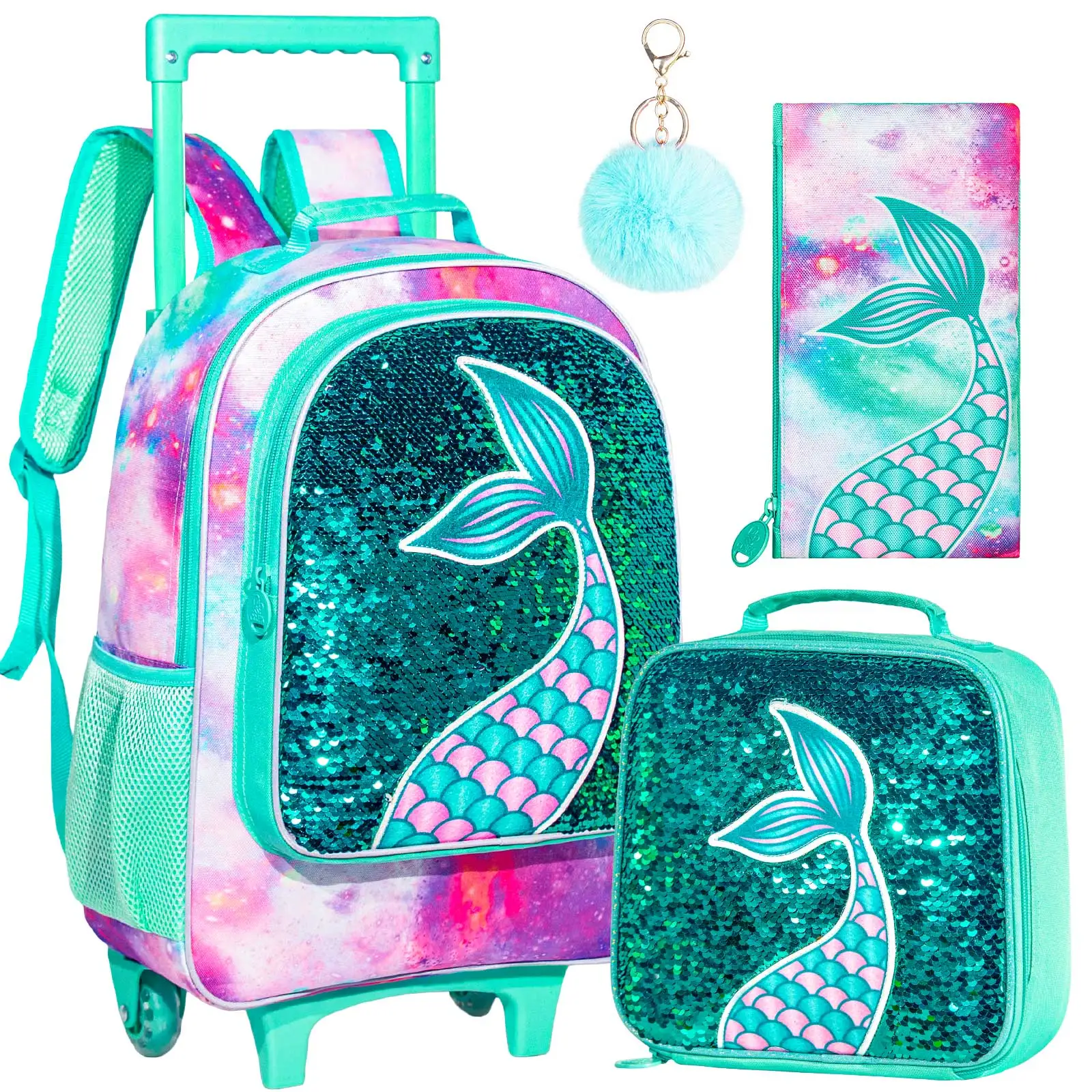 3PCS Rolling Backpack for Girls Kids Roller Wheels Bookbag with Lunch Bag Green Fish Tail Pattern Design Glow-in-the-dark Functi