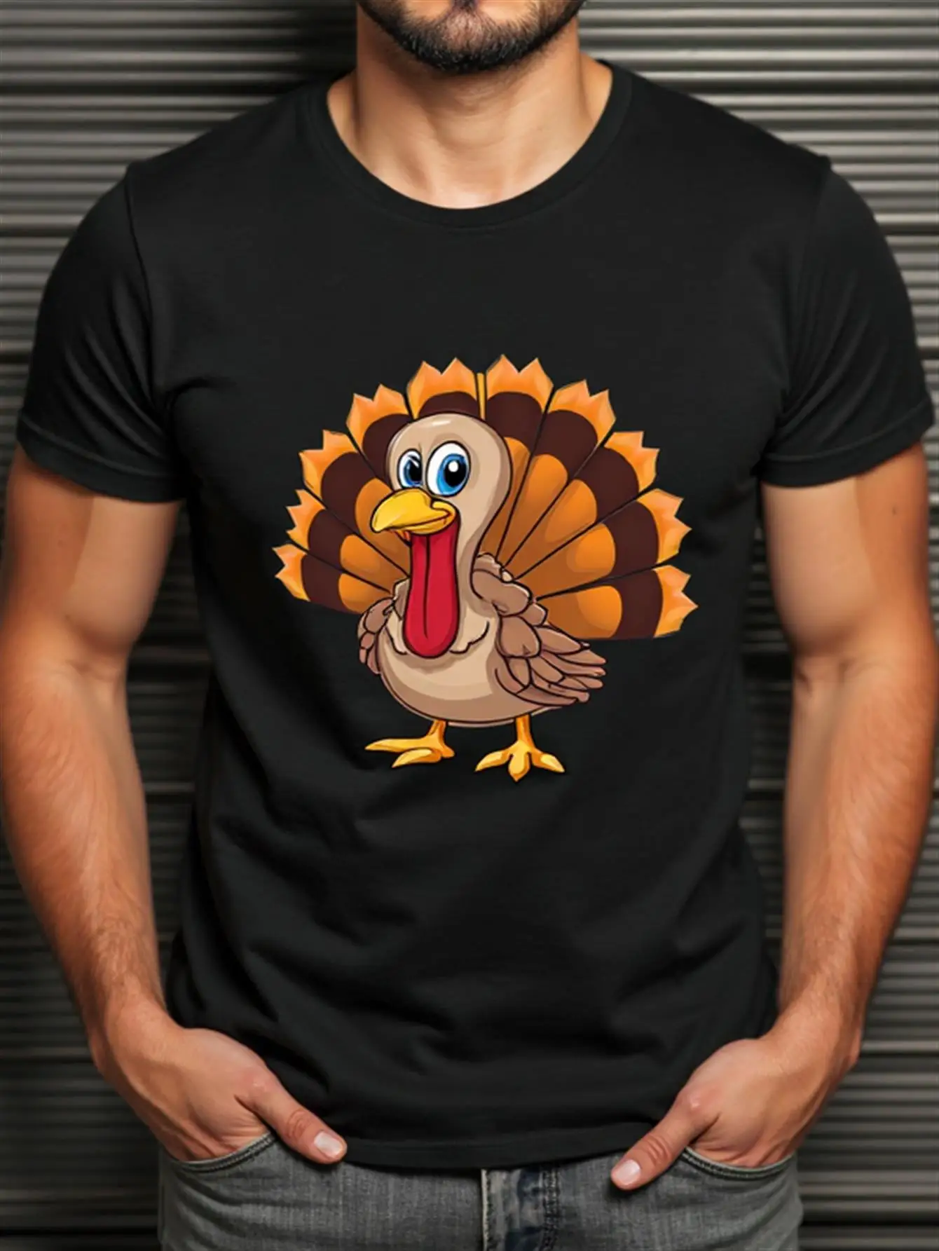 

T-Shirt 100% Pure Cotton Short-Sleeve Casual Shirt with Cartoon Turkey Print Design, Loose Round Neck Style, Suitable for Thanksgiving and Everyday Wear, Machine Washable, Holiday Gift, Soft Fabric, Lightweight Top