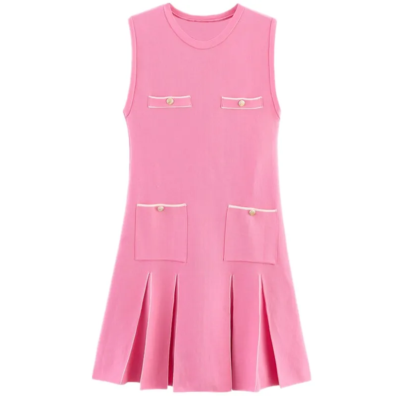 2025年夏新作 レディースファッション ワイドプリーツニット ノースリーブ ラウンドネックワンピース 多用途 通勤用 シングルピース その他素材 00%