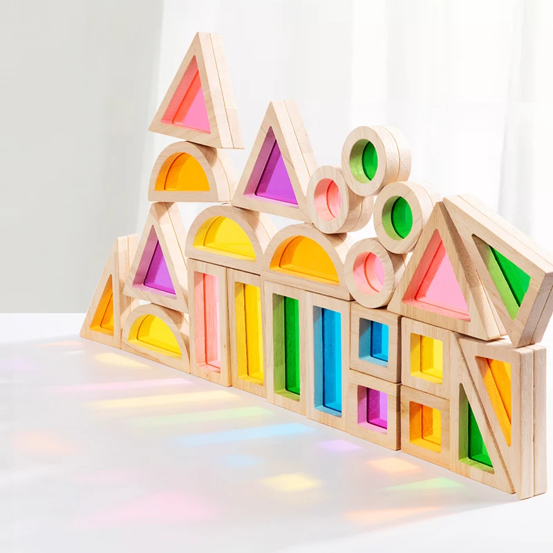 Wooden Rainbow Building Blocks, Acrylic Translucent Building Blocks, Baby Creative Building, Stacked High Building Blocks, DIY B