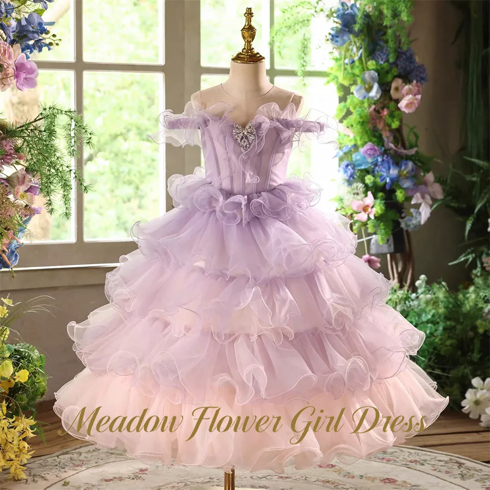 Meadow Ombre Lavender Princess Girls Dress Off Shoulder Ball Gown Party Tutu Dresses with Rhinestones Bow Tutu Fluffy Prom Gown