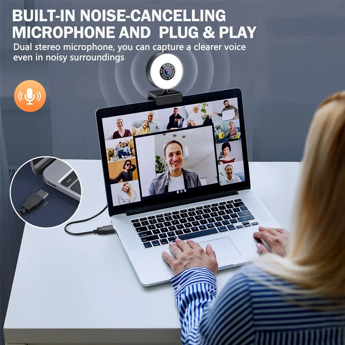 CMB-p4K HD Autofocus Webcam with Microphone, Adjustable Light Computer Camera USB Webcam for Laptop Desktop Video