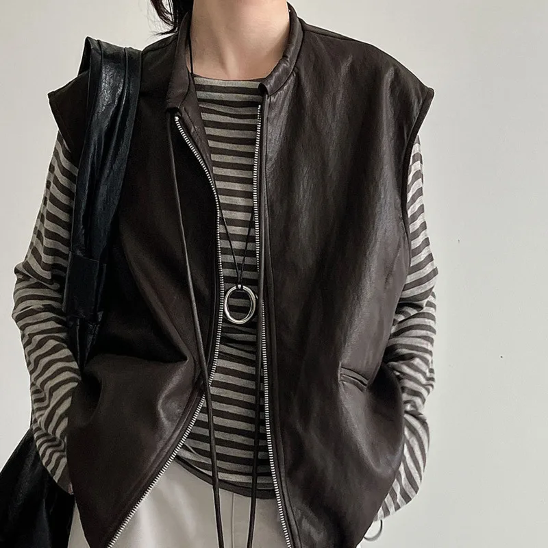 

Retro PU Leather Vest Jacket For Women Early Autumn Layered Tie Collar Loose Dark Brown Sleeveless Top Daily Commute Cardigan