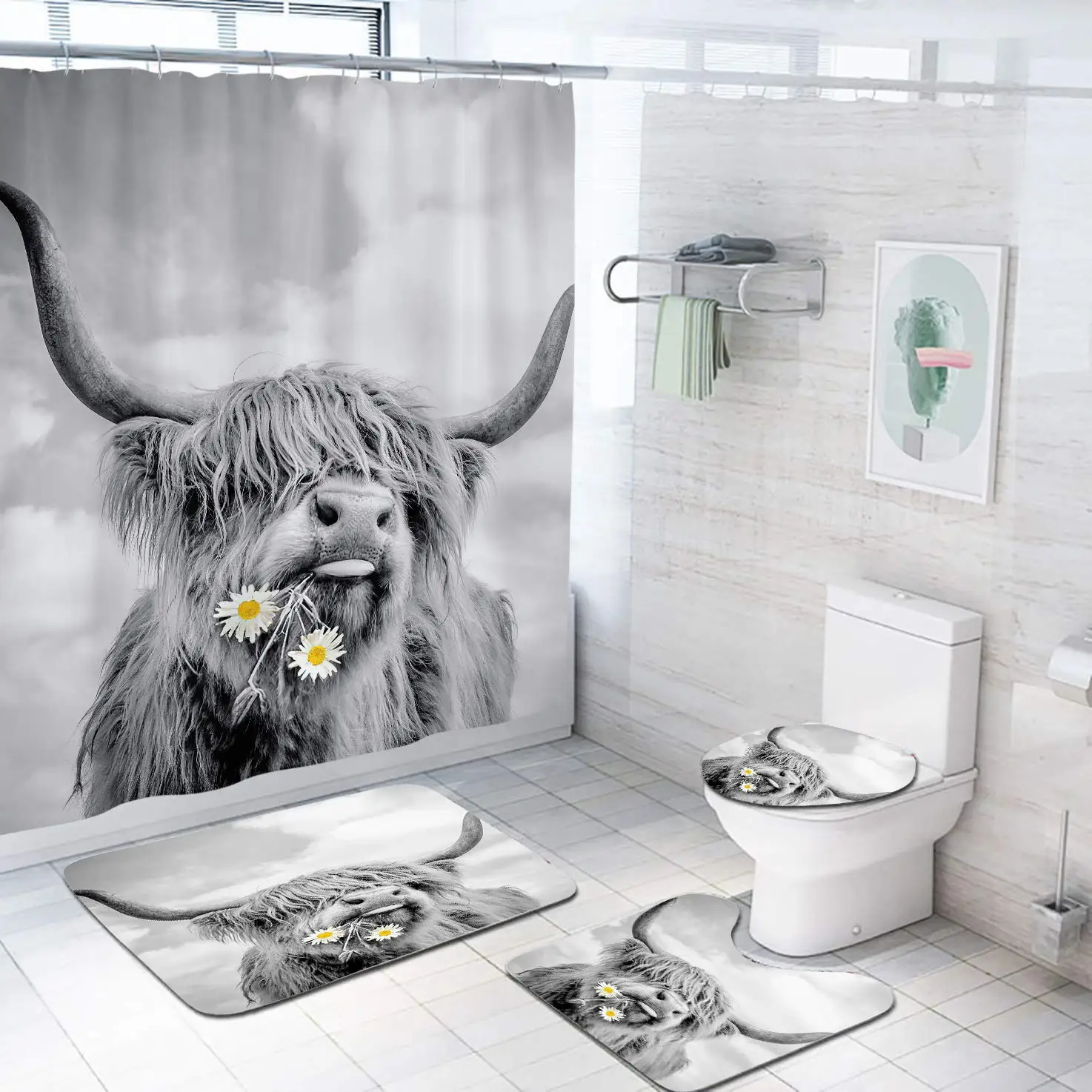 

Funny Cow Shower Curtain Sets Bathroom Set Highland Bull Farm Western Rural Daisy Flower Bath Mat RugToilet Lid Cover Non-Slip