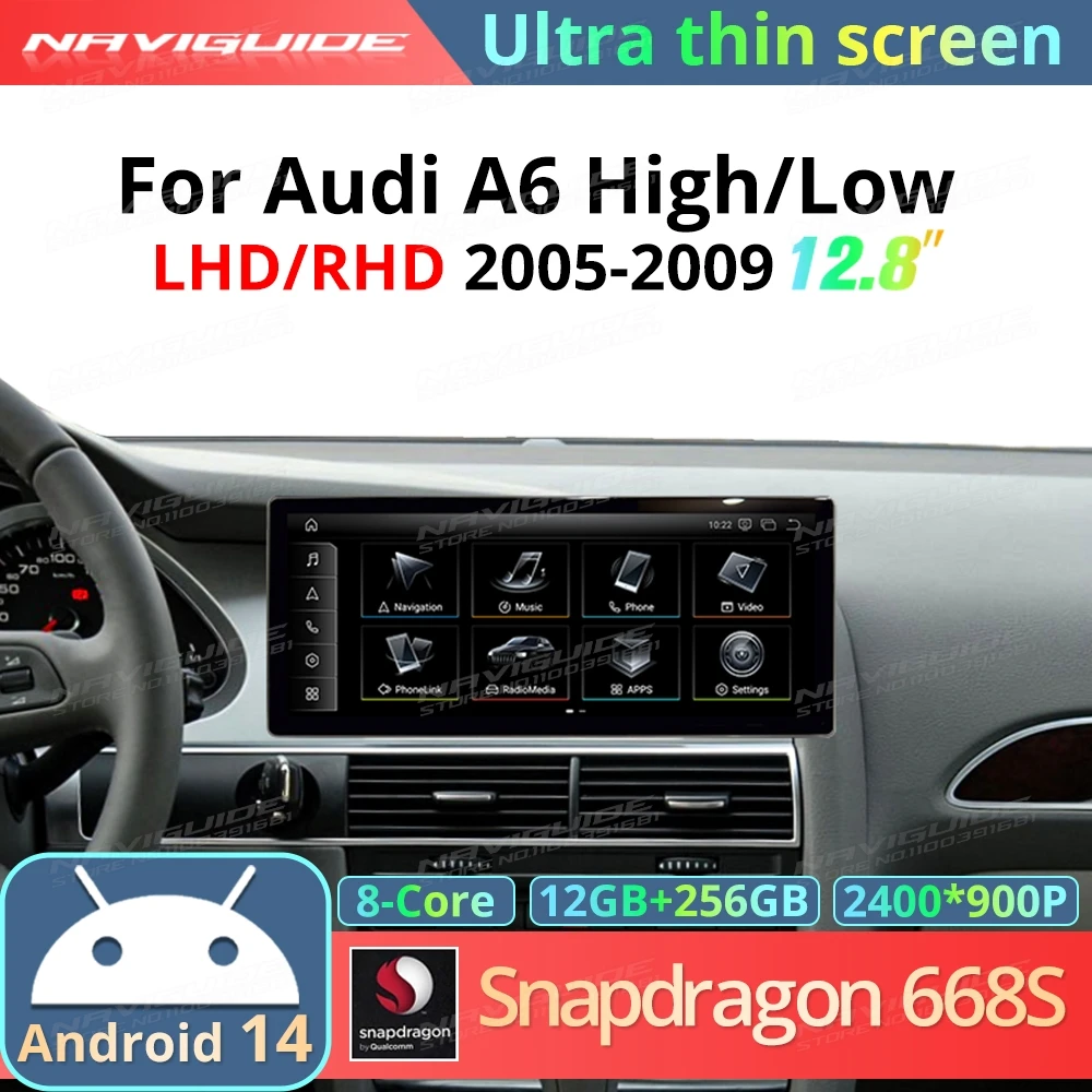 شاشة NAVIGUIDE 12.8 بوصة Android14 رفيعة للغاية لأودي A6 2005-2009 Carplay اللاسلكية أندرويد لوحة القيادة الملونة للسيارات وحدة الرأس GPS