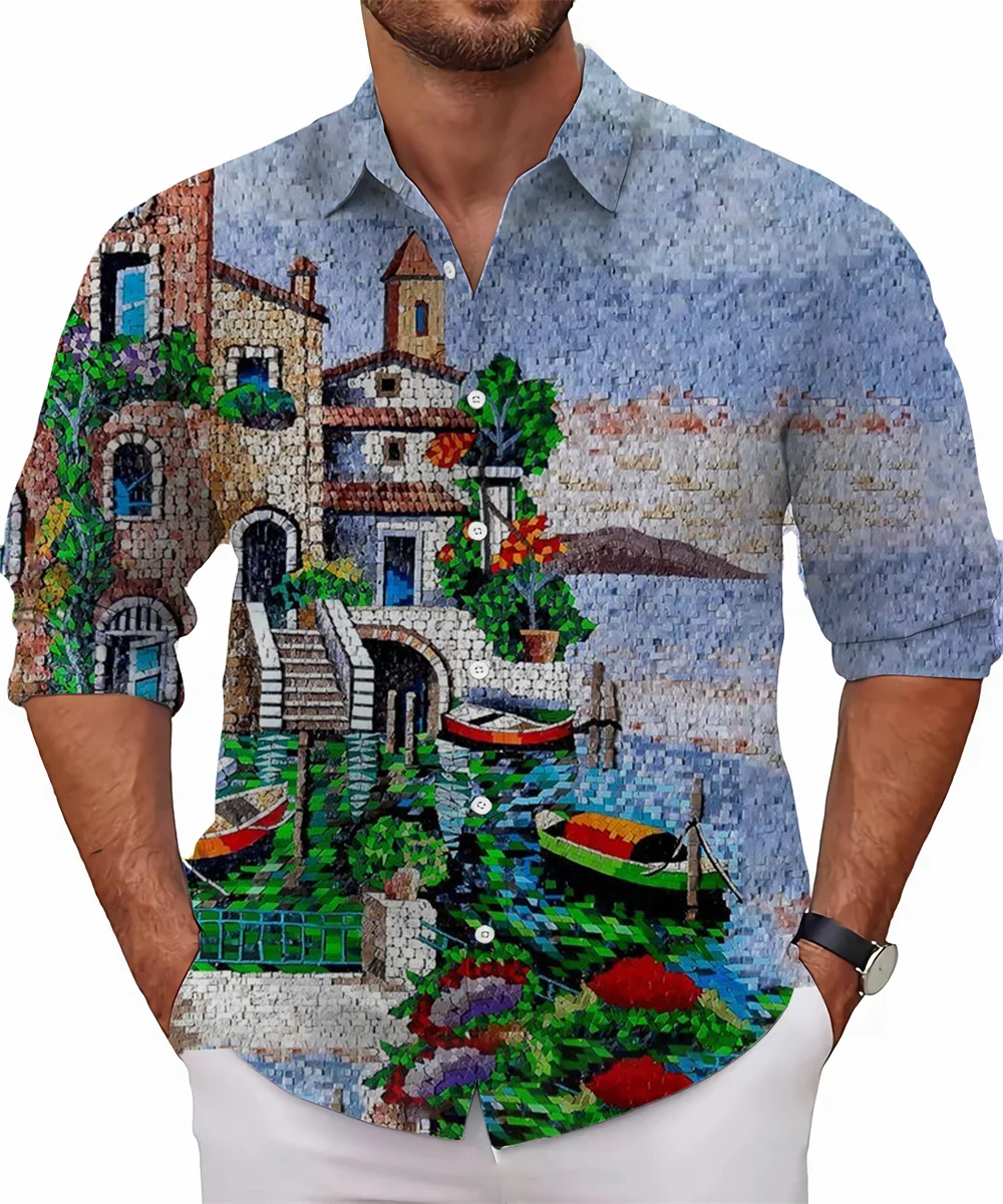 New style printed landscape graphic shirt men's long sleeve casual shirt fashion street high-end large size men's clothing 6XL