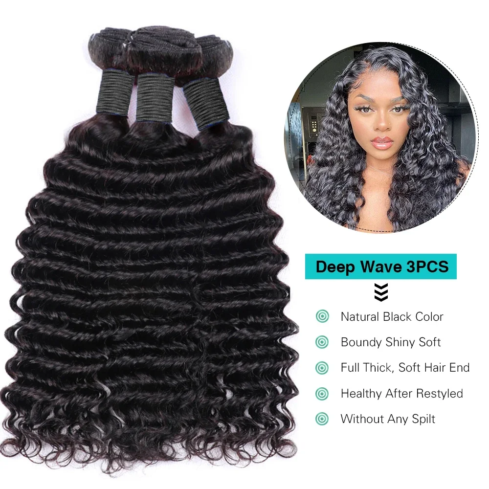 Bundles brésiliens de cheveux à vague profonde, couleur noire naturelle, 3/4 cheveux humains Remy, extensions de cheveux longs, 1 PC, 100% PCs