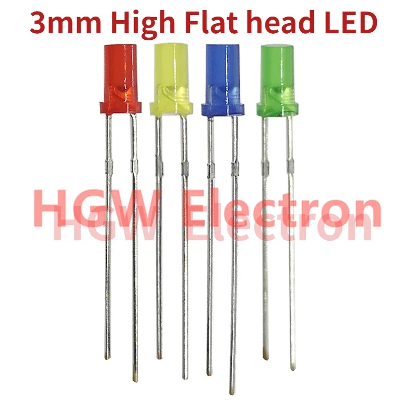 100pcs 3MM LED DIP High Flat head LED Diode Lamp F3*6mm High Flat head colloid Red Green Yellow Blue Indicator light LED 2 pin