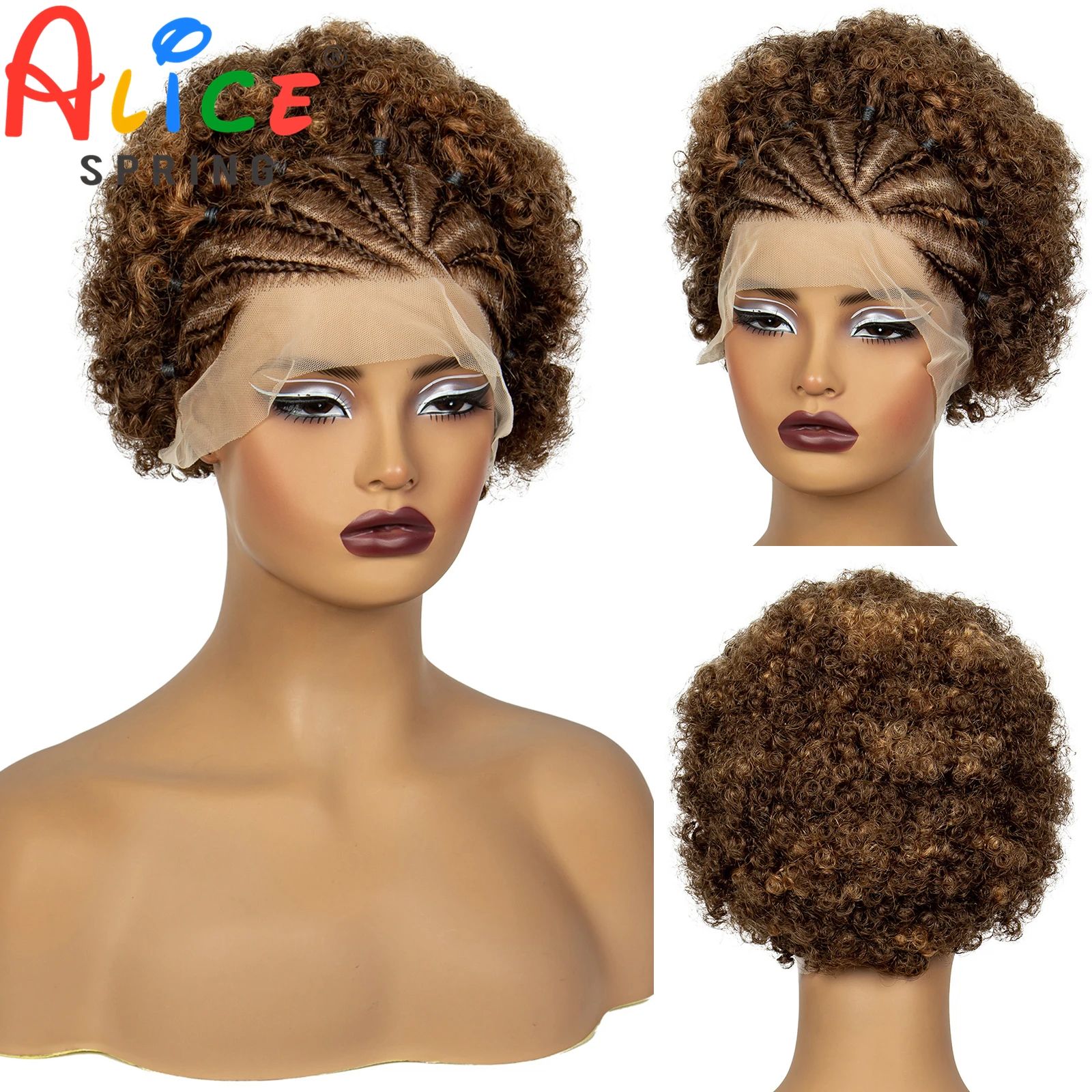 Wig kepang sintetis 4-30 warna 13x4 wig kepang pendek renda Frontal wig Afro Kinky keriting tanpa simpul untuk wanita warna hitam