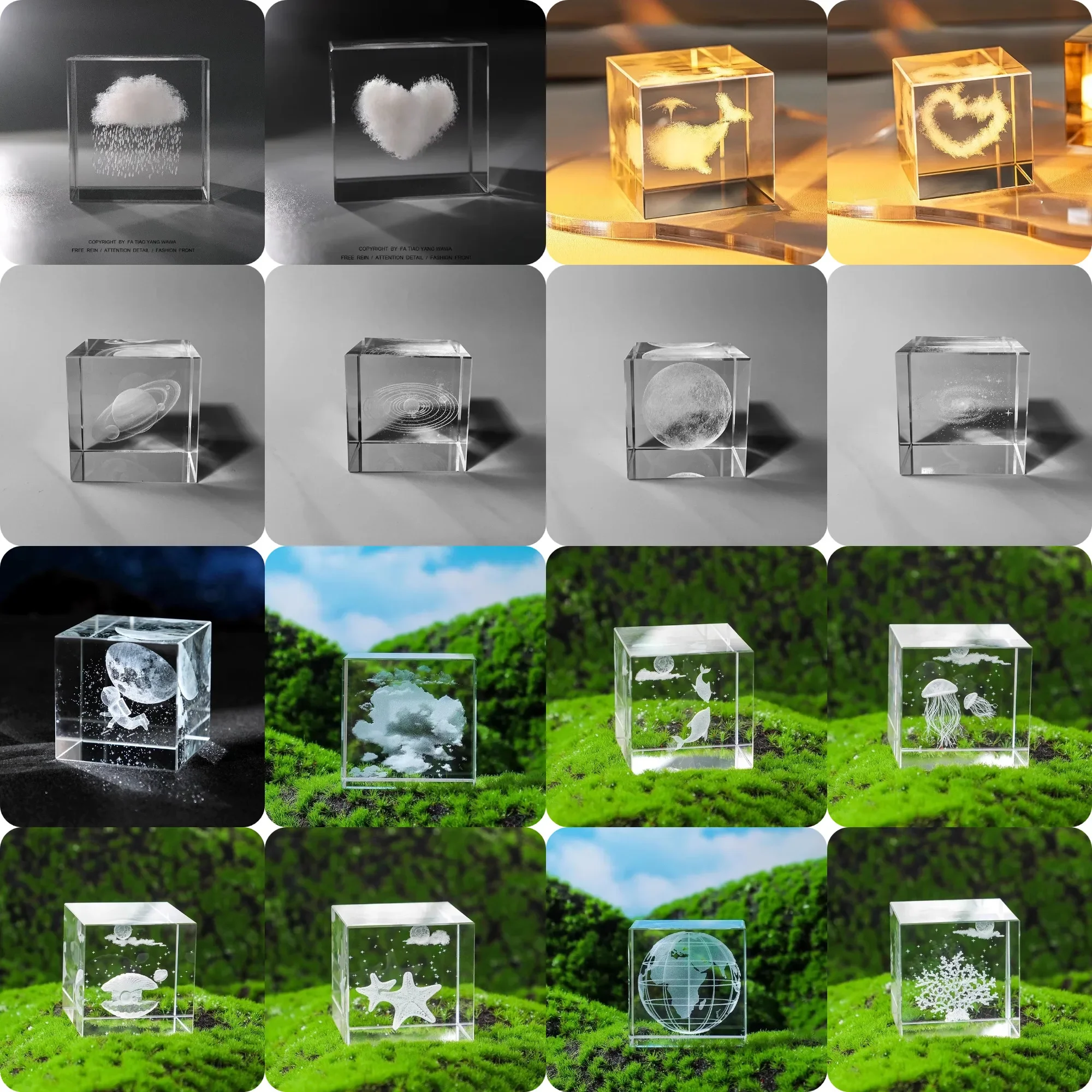 1PC 40mm Clear Crystal Cube Solid Cubic 3D Laser Engraving Rainy Day Dolphin Love Cloud Special Birthday Gift Ornament for Kids
