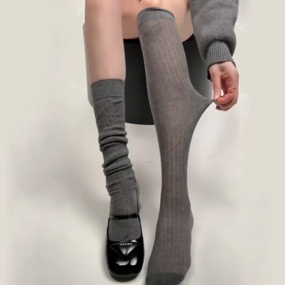 Cotton breathable vertical striped socks for women summer Korean style slim high socks solid color simple calf socks