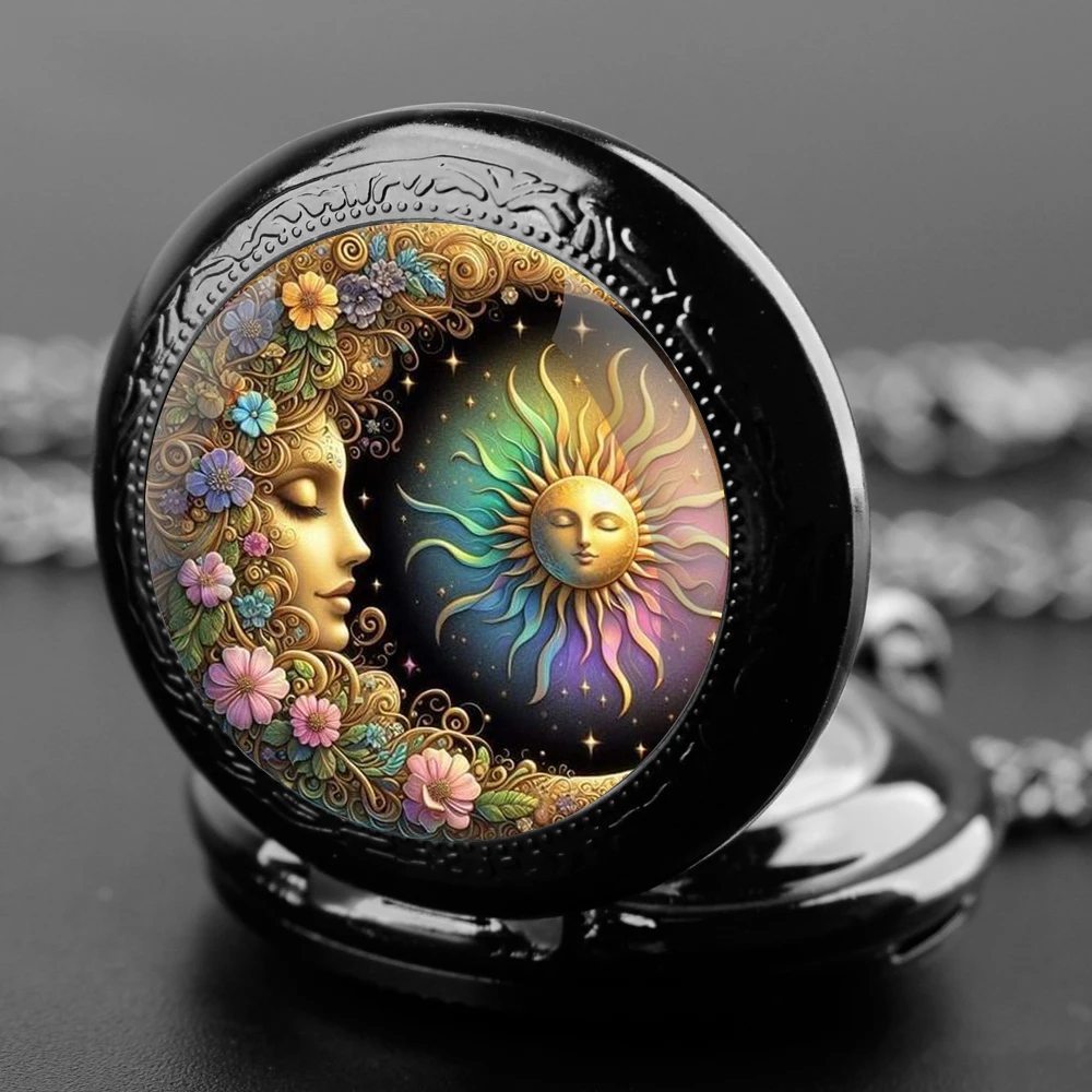 Sun and Moon Goddess Quarzt Pocket Watch with Chain Necklace Vintage Quartz Pendant Watches Clock Chain Mens Women