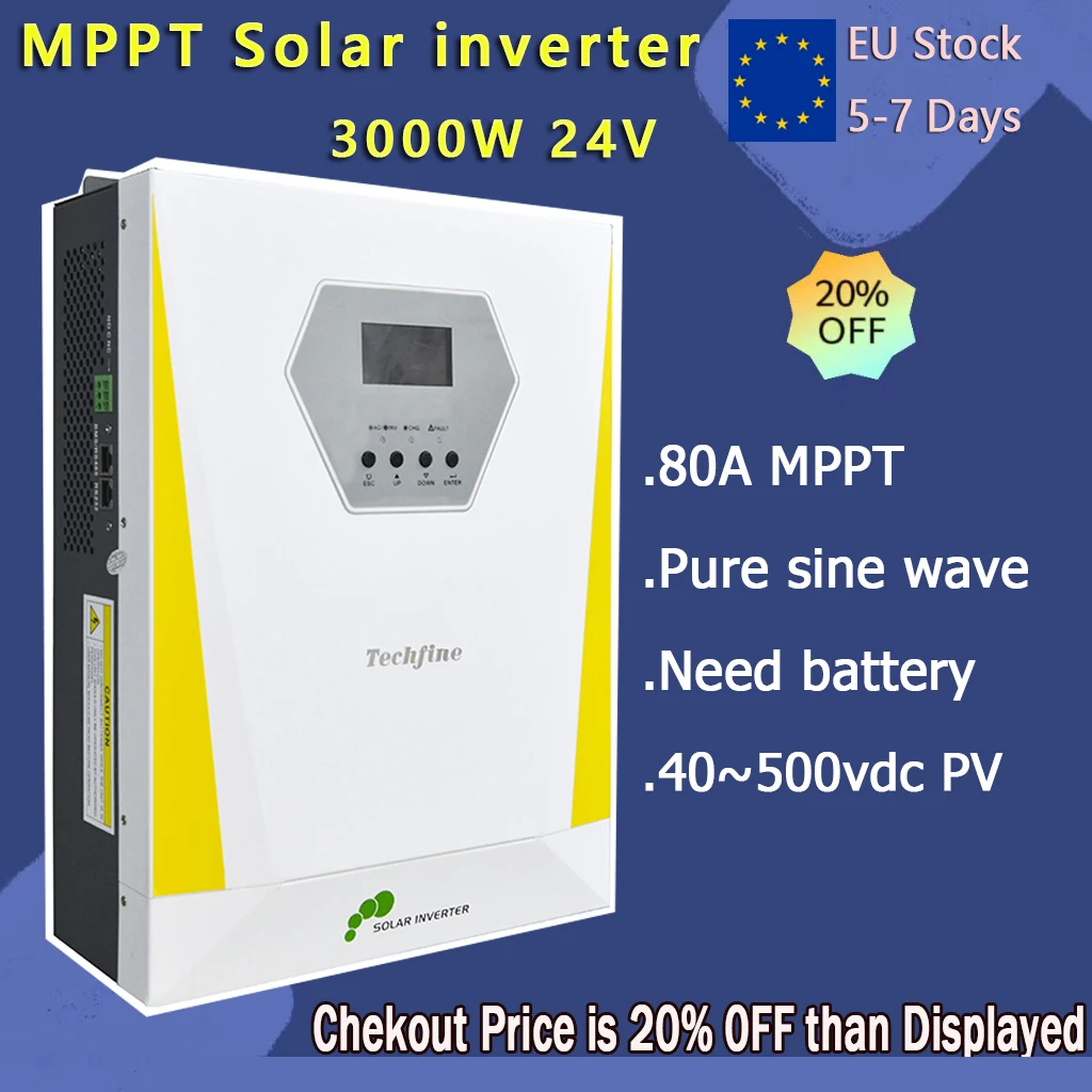 

Techfine 3.0kw 24v Wide PV Range 40-500VDC Pure Sine Wave 80A MPPT Charger Controller Off Grid Solar Inverter