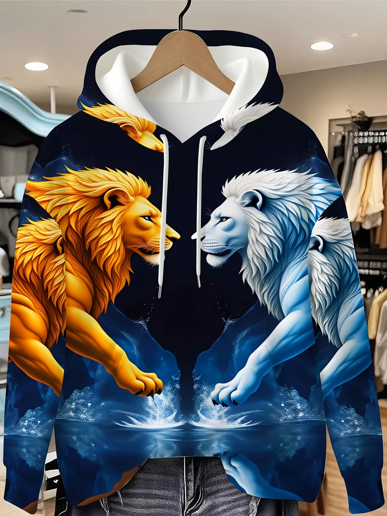 3D Full Print Lion Hoodie Men Fire Ice Dual Lions Water Mirror Splash Wild Animal Drawstring Loose Casual Hooded Sweat Top