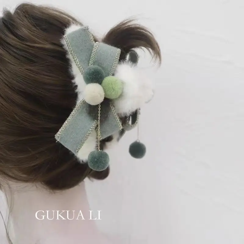 2024Autumn/Winter New Hair Ball Bow Tassel Grab Clip Style Sweet Shark Clip Back Spoon Plate Hair Clip Headwear