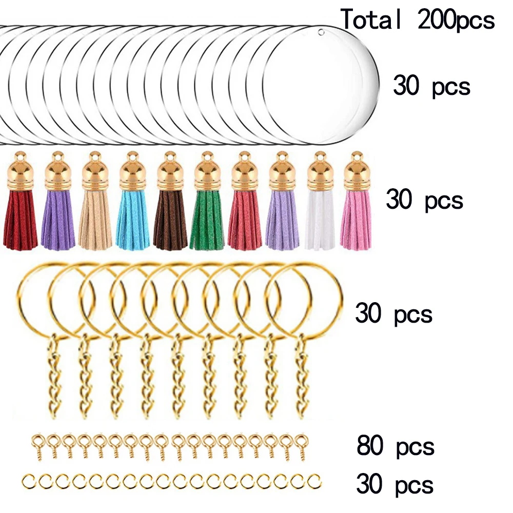 200pcs Acrylic Keychain Blanks Clear Keychains Including Acrylic Blanks Keychain Tassels Key Chain Rings Nail for DIY Keychain
