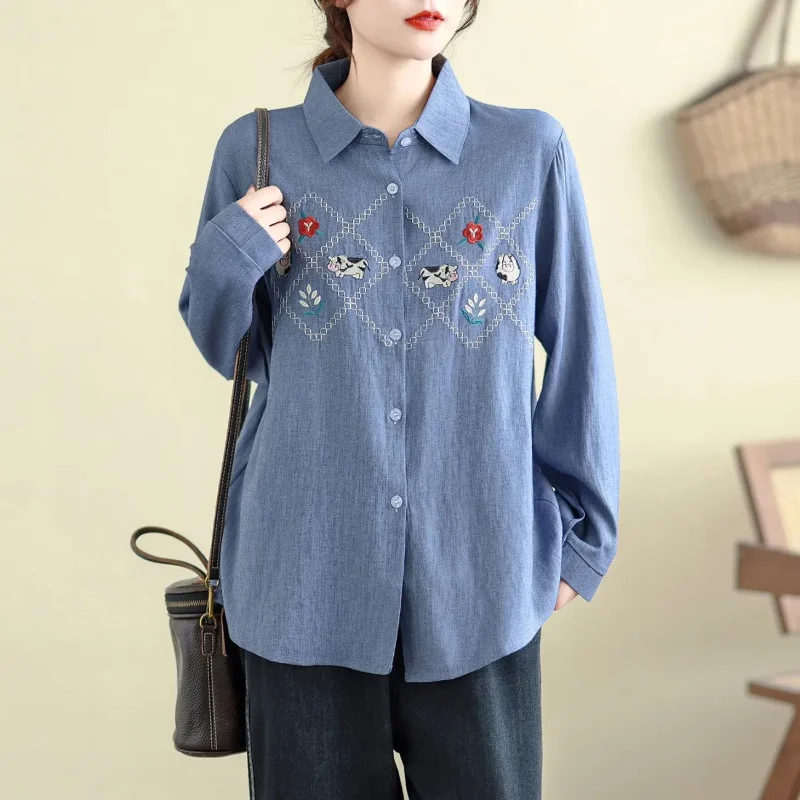 

Женская джинсовая рубашка с вышивкой на осень и зиму, новая универсальная свободная рубашка высокого класса с длинными рукавами в стиле ретро