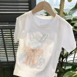 Children's Short Sleeve T-shirt Summer New Teenage Girls Pure Cotton Little Rabbit Sequin T-shirt Girls' Baby Top 2-12Y